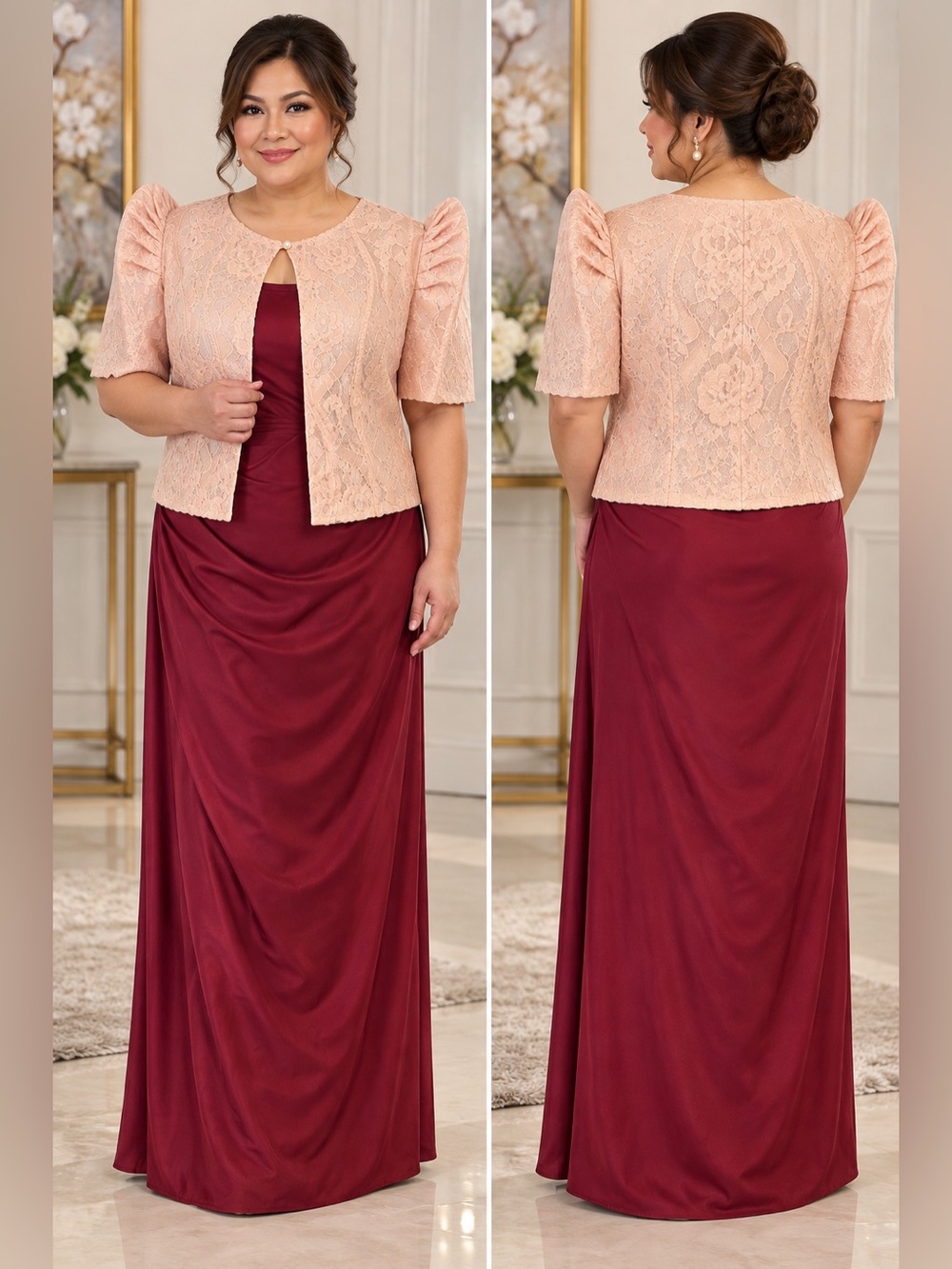 Elegant Filipiniana Peach Lace Bolero Jacket & Burgundy Maxi Dress Set